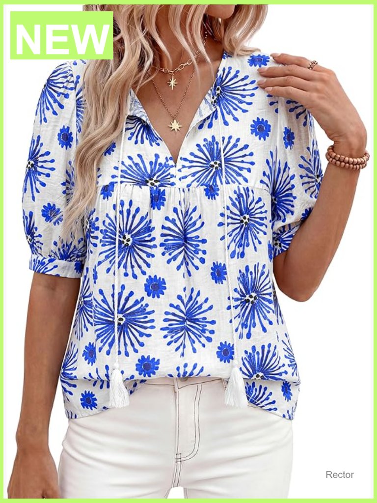 Boho Tie Front V Neck Peasant Blouse Puff Short Sleeve Top